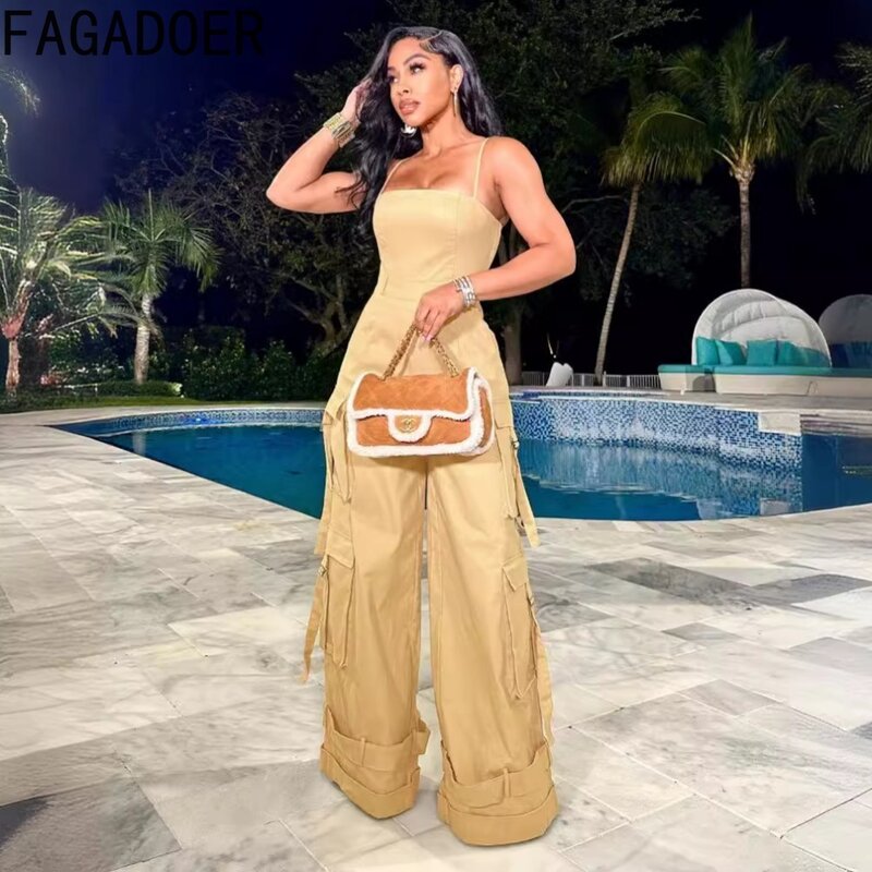 FAGADOER Fashion Solid Large Pocket Cargo Wide Leg Pants Jumpsuits Women Thin Strap Sleeveless Backless Playsuits Female Overall