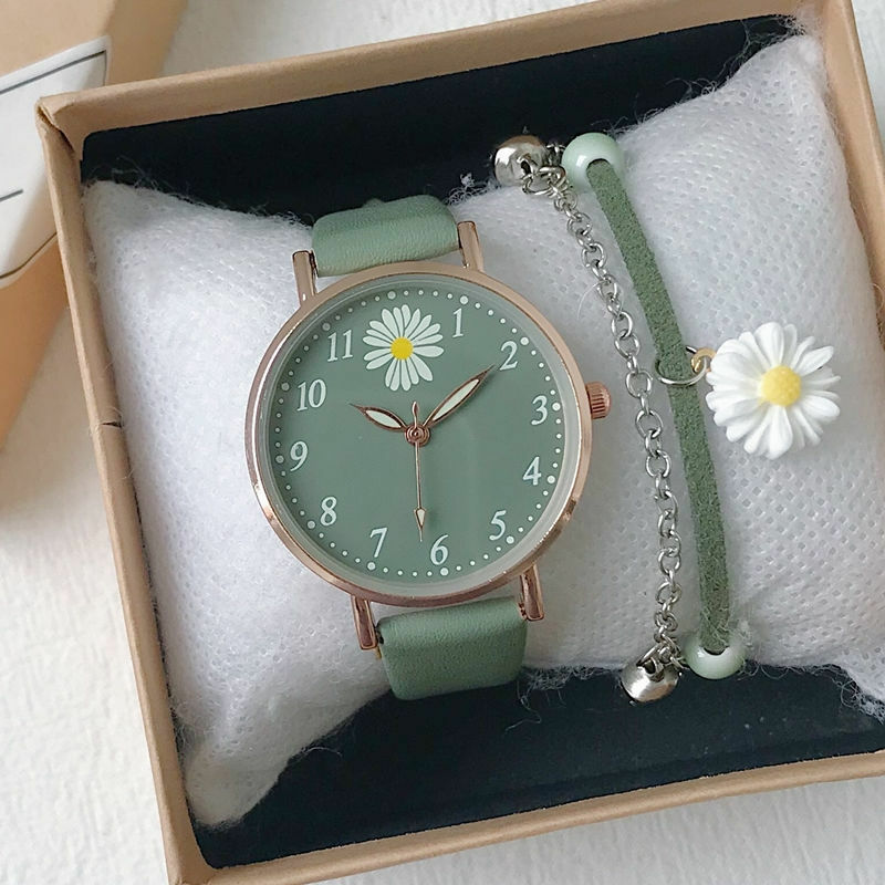 Harajuku Style Daisy Children's Watch Simple Quartz Leather Green Pink Watches for Girls with Bracelet Watch Box Gift Reloj