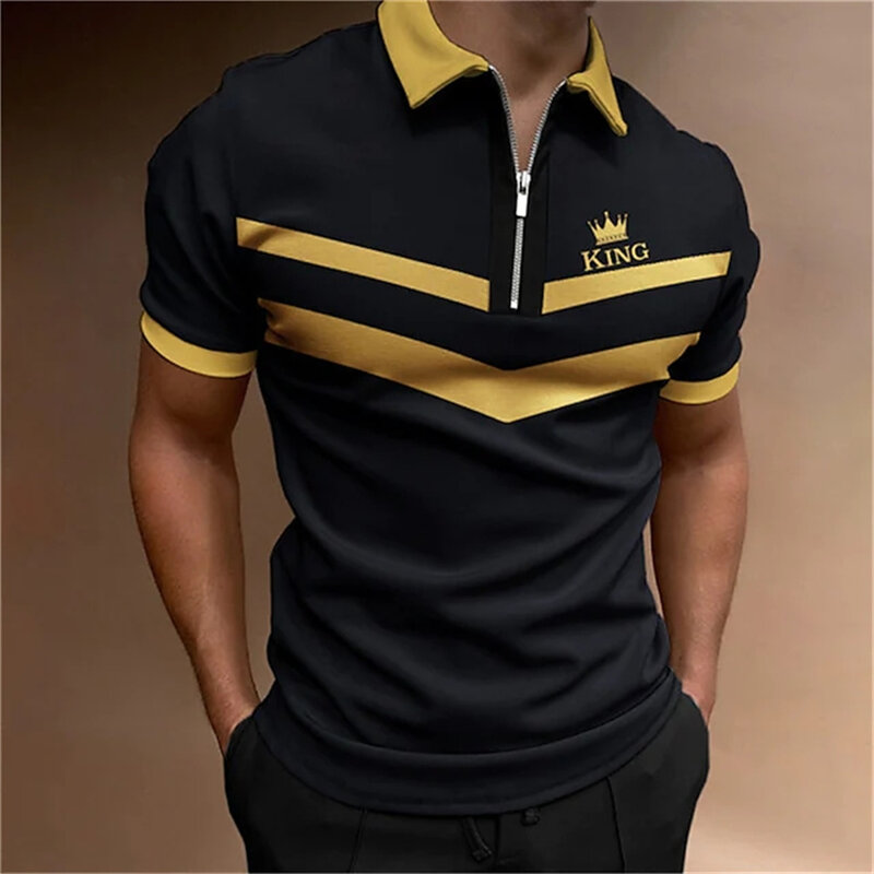 T-shirt de golf imprimé King pour hommes, manches courtes colorées, pull zippé, vêtements de golf originaux, vêtements de haute qualité, Y-Polo