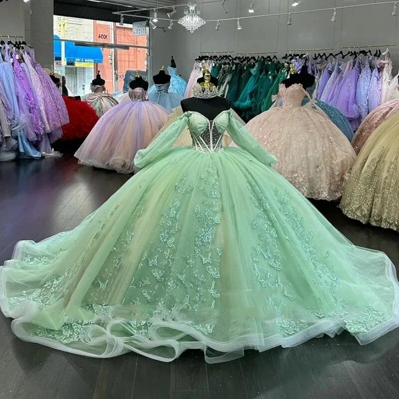 ANGELSBRIDE Luxury Sage Green Quinceanera Dresses Off-Shoulder Beading Lace Formal Birthday Party Ball Gown Vestidos de 15 años