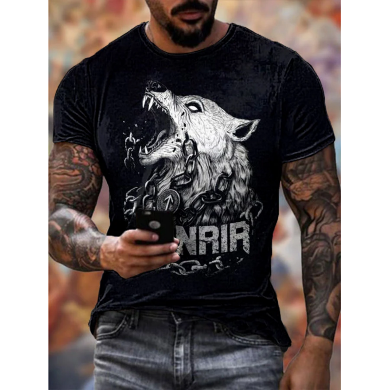 Camiseta de manga curta estampada em lobo 3D masculina, moda verão, top animal, roupa de homem, streetwear vintage, nova