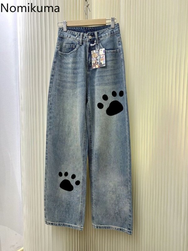 Schattige Print Jeans Met Hoge Taille Mode Koreaanse Y 2K Wijde Pijpen Broek Voor Dames Vintage Casual Straight Denim Broek Pantalon Femme