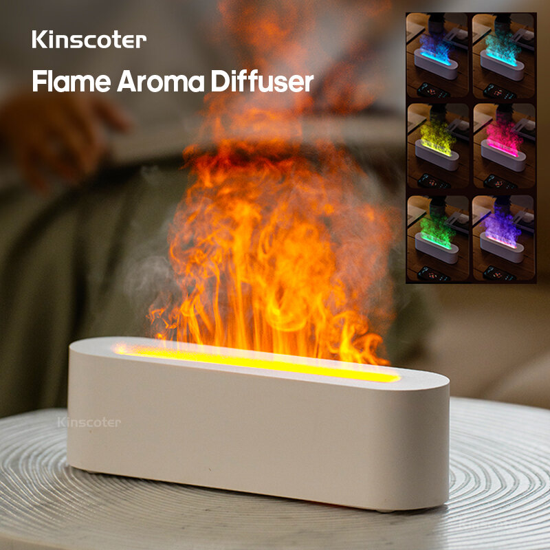 KINSCOTER minyak esensial pelembab udara, penyebar Aroma api ultrasonik dingin kabut Difusor dengan RGB realistis lampu malam api