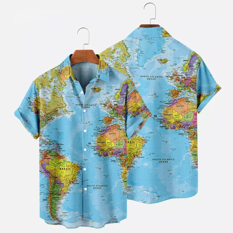 قميص هاواي بطباعة خريطة للرجال والنساء ، قميص بطية صدر غير رسمي للمهنة ، بلوزة شاطئ صيفية ، بلوزة رحلة ، 3D