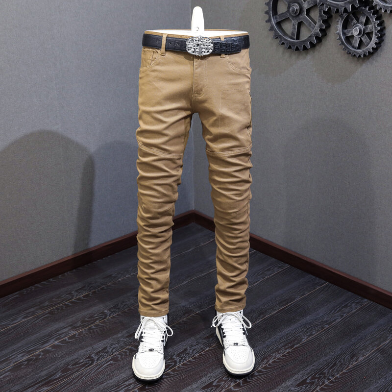 Джинсы мужские Стрейчевые облегающие, модные дизайнерские байкерские джинсы с соединением, винтажные брюки на молнии, с карманами, в стиле хип-хоп, черные