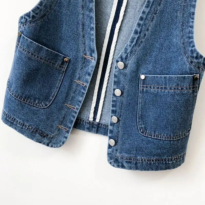 Colete jeans curto casual feminino, top sem mangas, moda versátil, novo, primavera e outono, 2024