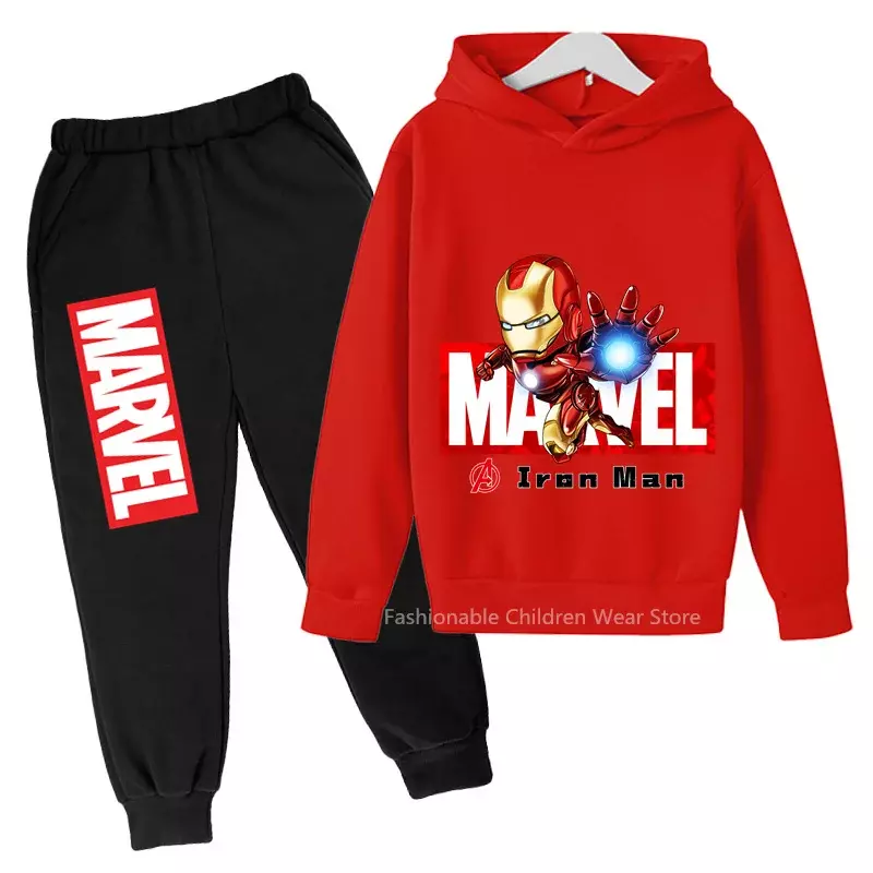 Marvel Set Hoodie dan celana bergaya Iron Man edisi Q-pakaian katun trendi sempurna untuk permainan kasual luar ruangan