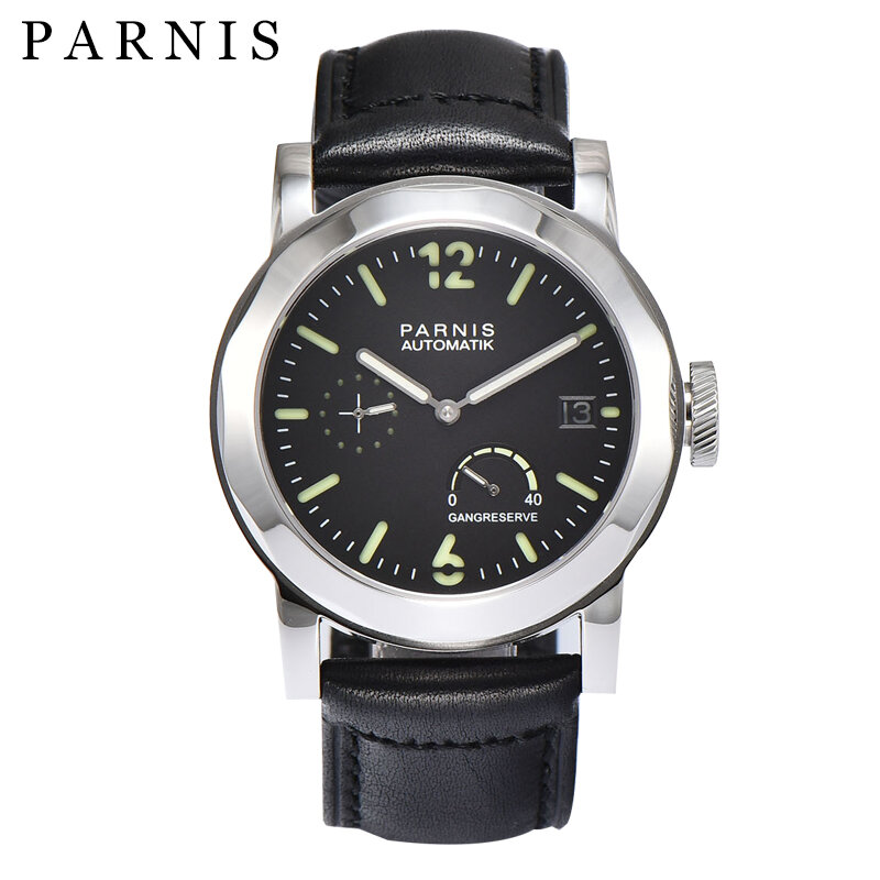 New Parnis 43MM Silver Case Mechanical Automatic Watches Men Leather Strap Power Reserve Calendar Waterproof Watch orologio uomo