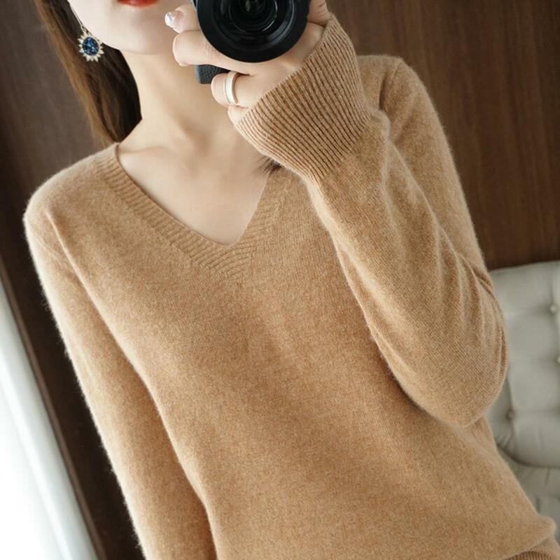Women Fall Spring Top V Neck Long Sleeve Pullover Knitted Sweater Soft Breathable Knitted Bottoming Shirt Women Sweater