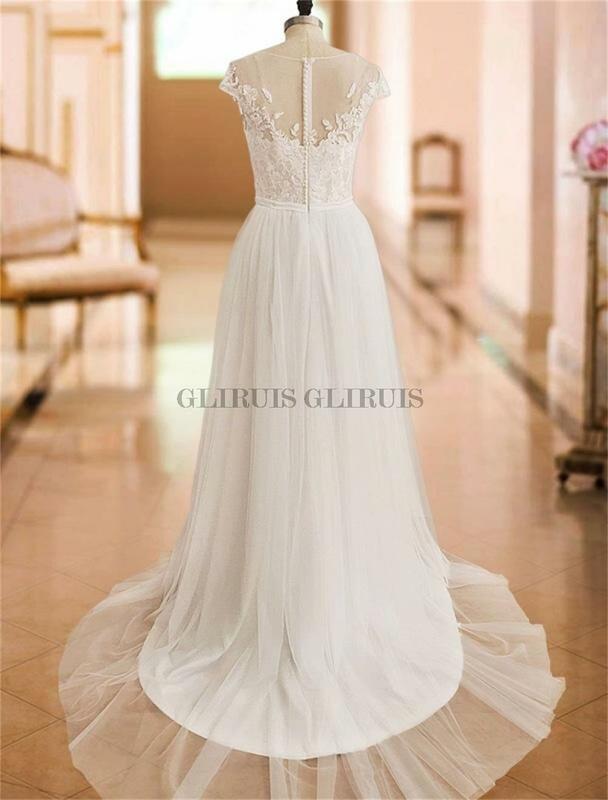 Elegant Sofy Tulle Lace Boho Beach Wedding Dress 2022 Real Photos Sexy Illusion Side Slit Wedding Bridal Gowns Vestido de Noiva