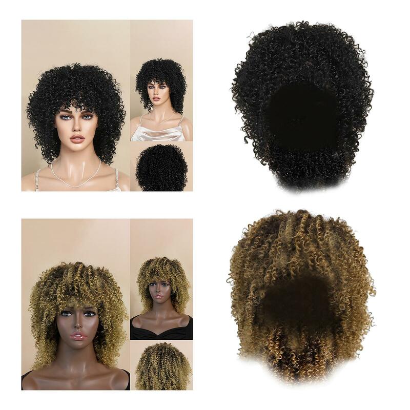 Wig keriting Afro wig penuh tahan panas dengan poni untuk pekerjaan pernikahan sehari-hari Aureate