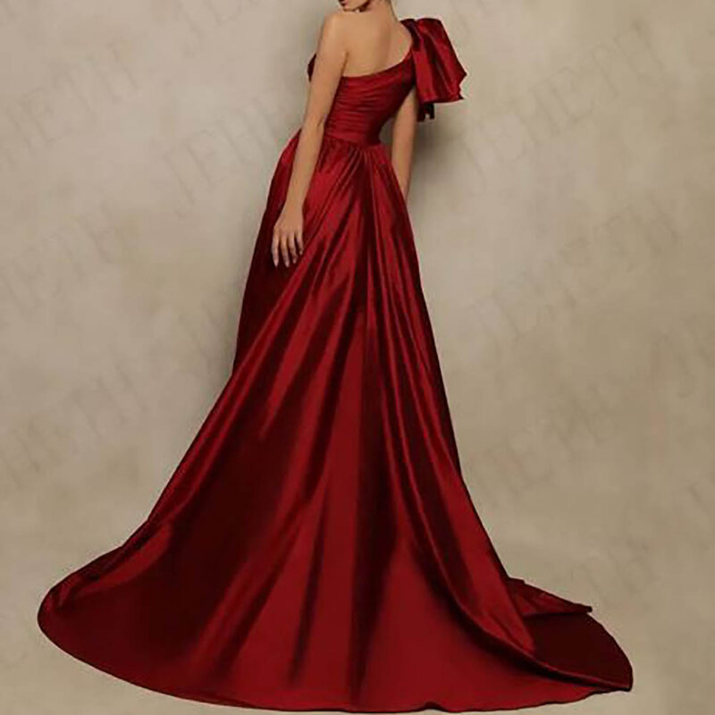 Elegant Satin A Line Prom Evening Gown One Shoulder Sleeveless Backless Pleat Floor Length Sweep Train