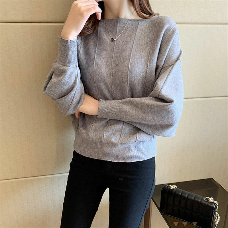 Suéteres de punto empalmados de Color sólido informal para mujer, ropa femenina suelta coreana, suéter de cuello oblicuo, Otoño e Invierno