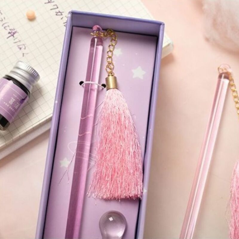 For Signing Writing Drawing Glitter Pen Gifts Box Student Stationery Crystal Glass Pen with Tassels Dip Pen Set with Ink