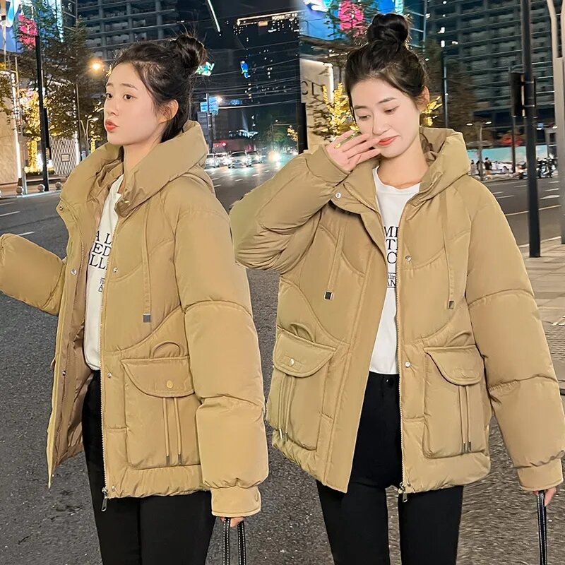 Jaket Down katun wanita, jaket parka berkerudung ukuran besar longgar kasual musim gugur dan musim dingin 2023