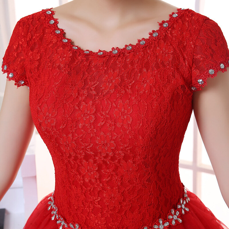 Vestidos de nonia ภาพจริงสีแดงสีขาวลูกไม้คอกลมเลื่อมชุดแต่งงานเจ้าหญิงราคาถูกเจ้าสาวเสื้อคลุม HS587