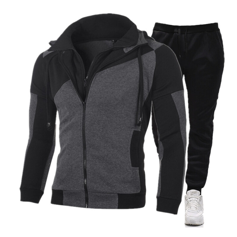 Fashion Men's Personalized Sports Jogging Two Piece Set Fashion Zipper Solid Hoodie Pants Winter Warm Sportswear Set