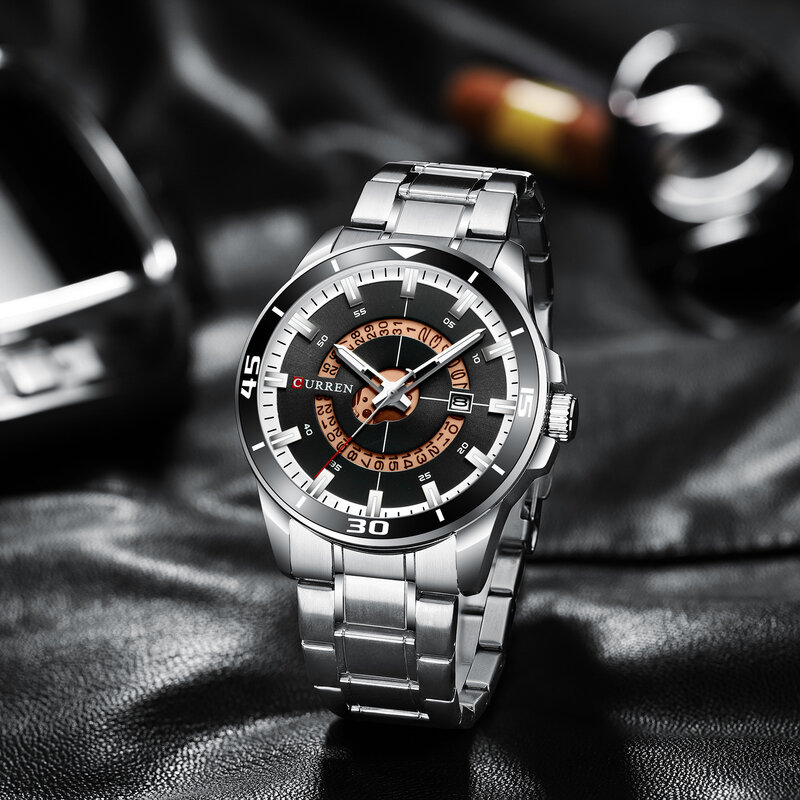 Jam tangan kuarsa pria, arloji Stainless Steel emas dengan tanggal bercahaya tahan air bisnis santai multifungsi jam Quartz 8359