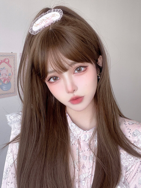24Inch Honey Tea Brown Synthetic Wigs With Bang Long Natural Straight Hair Wig for Women Daily Use Cosplay Heat Resistant Lolita