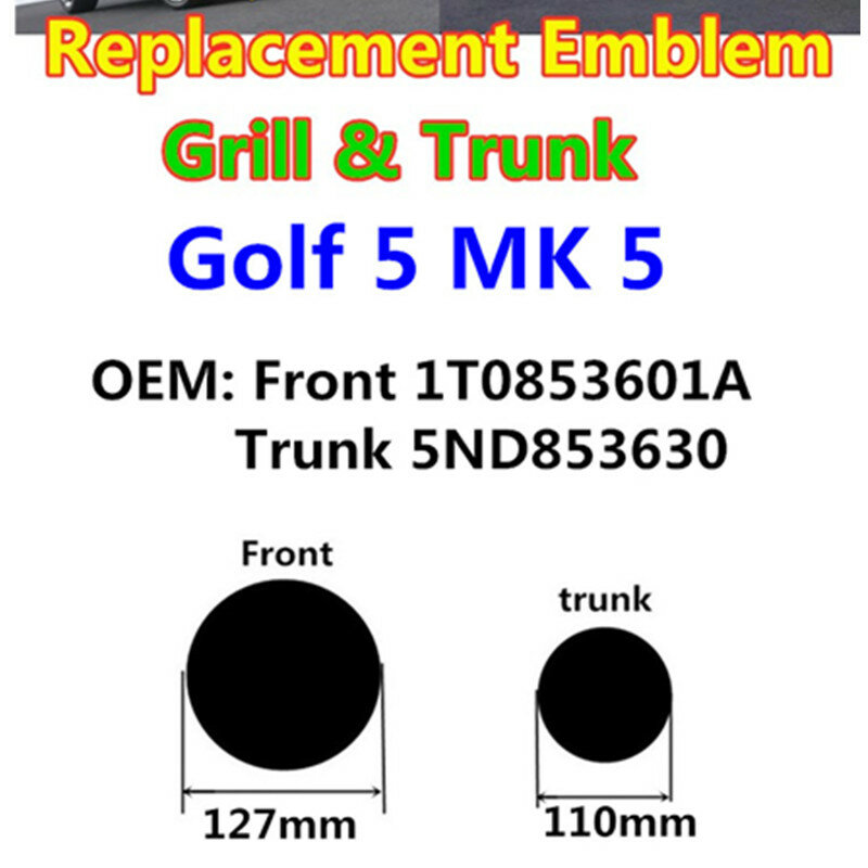 Logo de couvercle d'emblème avant et arrière de voiture, pièces de rechange, accessoires de voiture, Golf 5, MK5, Bros5, GTI, 2003, 2004, 2005, 2006, 2007, 2008, 2 pièces