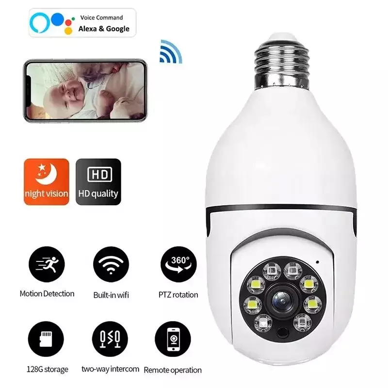 Monitor de bebé inalámbrico con bombilla 5G, seguimiento inteligente con Zoom, visión nocturna a Color, CCTV de seguridad para el hogar, cámara panorámica 360