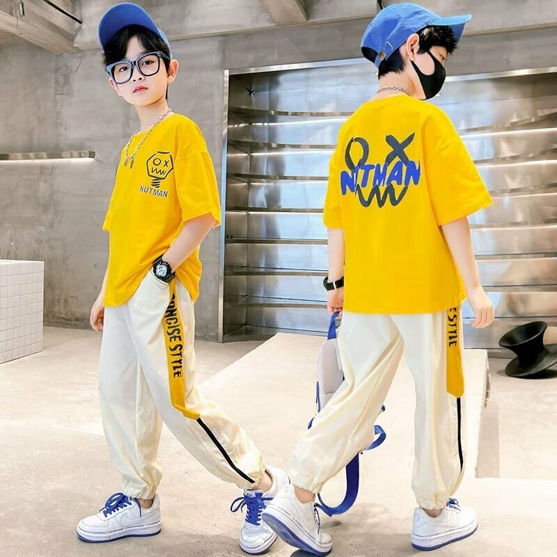 Летний комплект для мальчиков и девочек, детская дышащая футболка, спортивные штаны, комплект из 2 предметов, Модный высококачественный Детский костюм в Корейском стиле