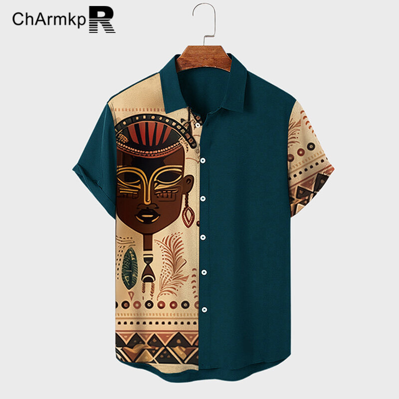 Charmkpr-メンズ半袖折り襟シャツ、ボタンアップシャツ、パターンパッチワークトップス、ストリートウェア、サマーファッション、2024