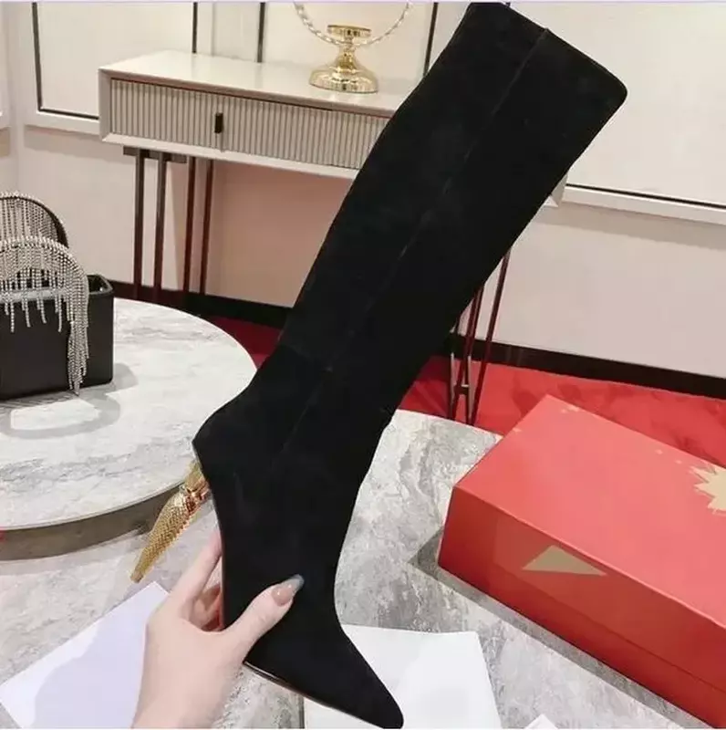 BEZPŁATNY STATEK Najwyższej jakości damskie buty na wysokim obcasie z czerwoną podeszwą Luksusowe modne damskie buty za kolano Klasyczny styl Designerskie buty za kostkę