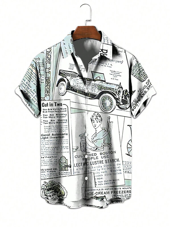 أزياء الرجال الصيفية نمط صحيفة شخصية قميص قصير الأكمام مطبوع على زر السترة