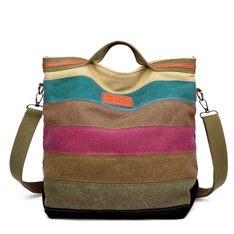 Tas selempang perca untuk wanita, tas kurir kanvas Satu bahu pelangi, tas perjalanan kapasitas besar modis untuk wanita