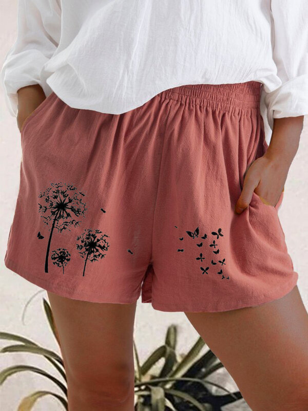 Shorts for Women Summer High Waist Dandelion Printed Cotton and Linen Pocket Shorts for Women
