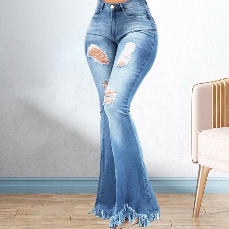 Pełnej długości dżinsowe rozbłyski spodnie capri z otworami do kieszeni dzwon dolne spodnie z falbanami spodnie dżinsowe jeansy rozkloszowane