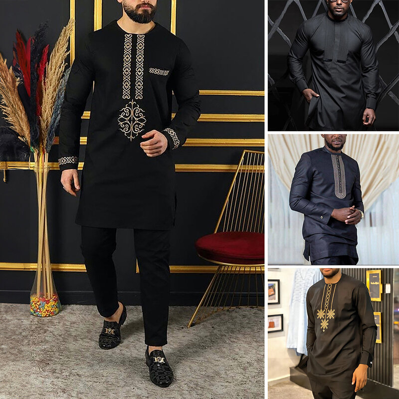 Африканская одежда для мужчин, роскошный кафтан, черные комплекты из 2 предметов, наряды, Топ с длинным рукавом и брюки, полный мужской костюм, свадебная мужская одежда
