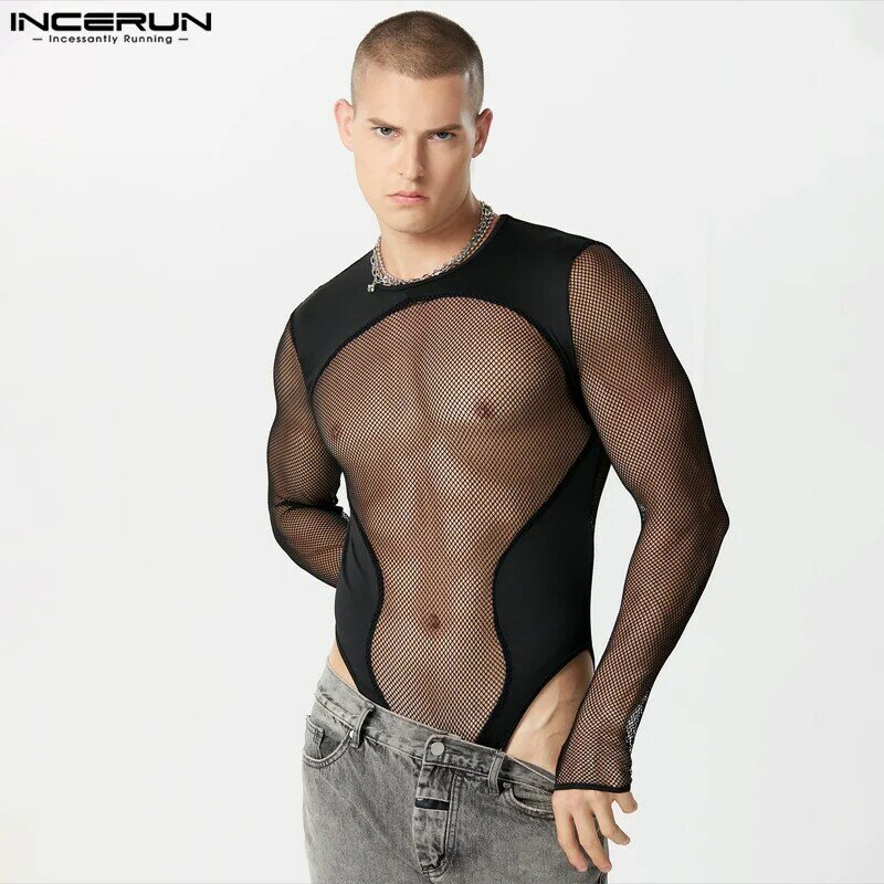Sexy Men Homewear Jumpsuits Casual See-through Mesh Patchwork Rompers Fashion Long Sleeved Triangle Bodysuits S-3XL INCERUN 2024