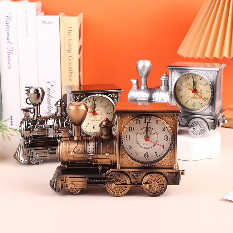 Ornamen dekorasi meja desain mesin antik, Jam Alarm kereta lokomotif kreatif