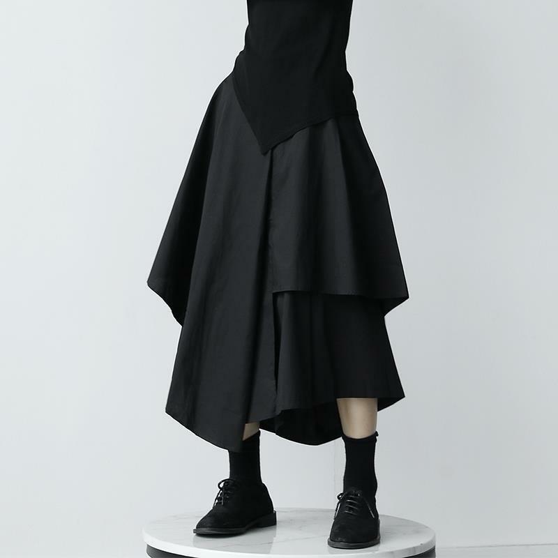 Deeptown Black Gothic Skirt Women Y2k Punk Asymmetrical Midi Skirt Japanese Style Casual Summer Solid Pleated Street Skirts