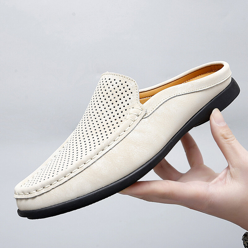 Big Size Summer Men Shoes Mens Mules Half Slippers High Quality Leather Casual Shoes Loafers Flip Flops Lightweight Flat Sandals