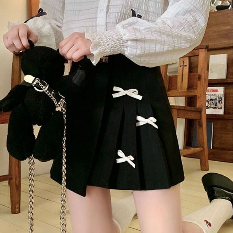 Deeptown Pleated Sweet Women Mini Skirt Elegant Bow Cute Korean Style Irregular All-match Short Skirts Casual Preppy Basic Skirt