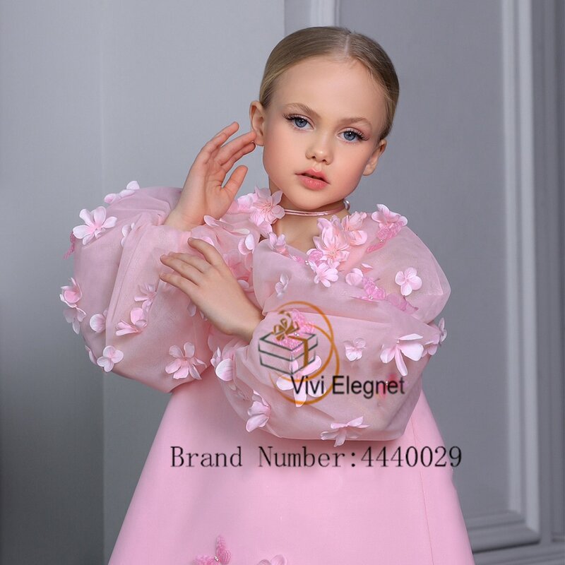 Charming Pink Puffy Sleeve Flower Girl Dresses with Butterfly Applique Wedding Party Gowns Knee Length שמלת שושבינה לילדות
