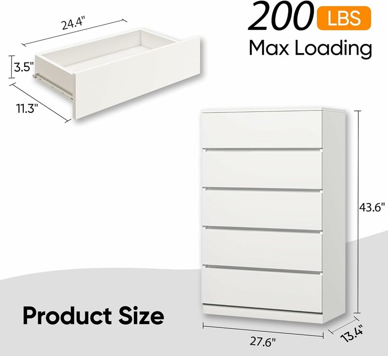 5 Drawer Dresser for Bedroom, Wooden Tall Dresser for Closet, Modern Chest of Drawers for Bedroom Storage Cabinet for  Entryway