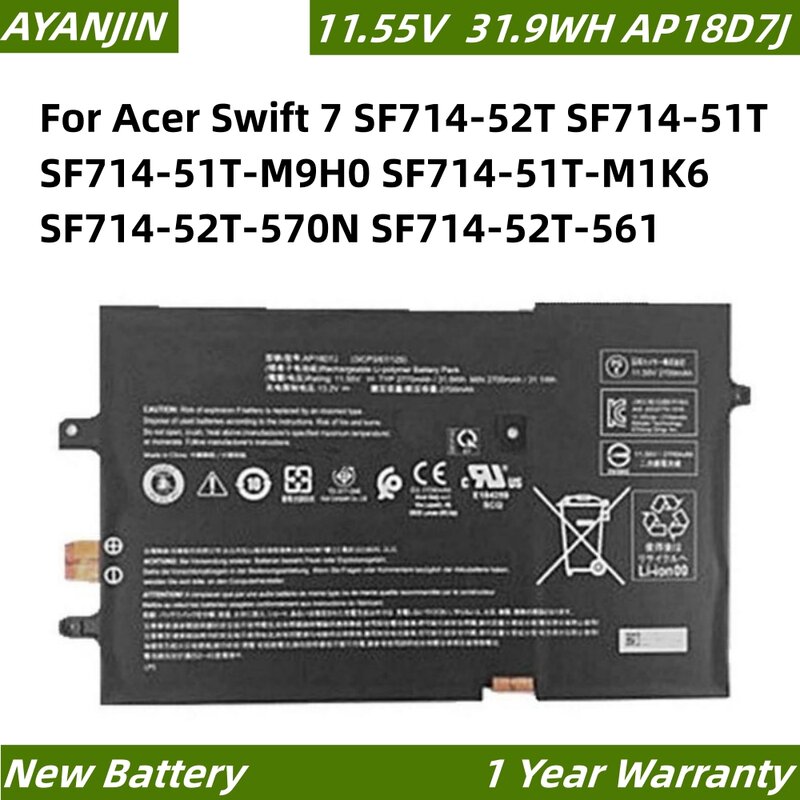 Batteria per Laptop AP18D7J 31.9WH per Acer Swift 7 SF714-52T SF714-51T SF714-51T-M9H0 SF714-51T-M1K6 SF714-52T-570N SF714-52T-561