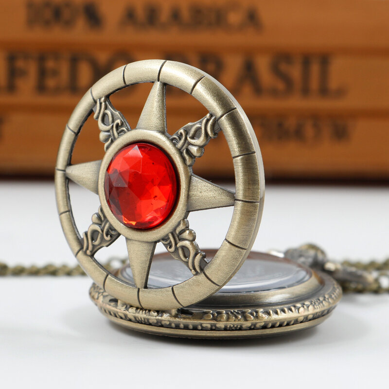 Relógio de bolso quartzo feminino, joias de gema vermelha, pingente oco, colar de alto grau, relógios Fob Chain