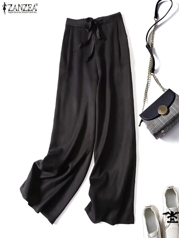Zanzea-Elegante calça feminina de cintura alta, casual capris de cor sólida, calça longa e solta, moda verão, 2024