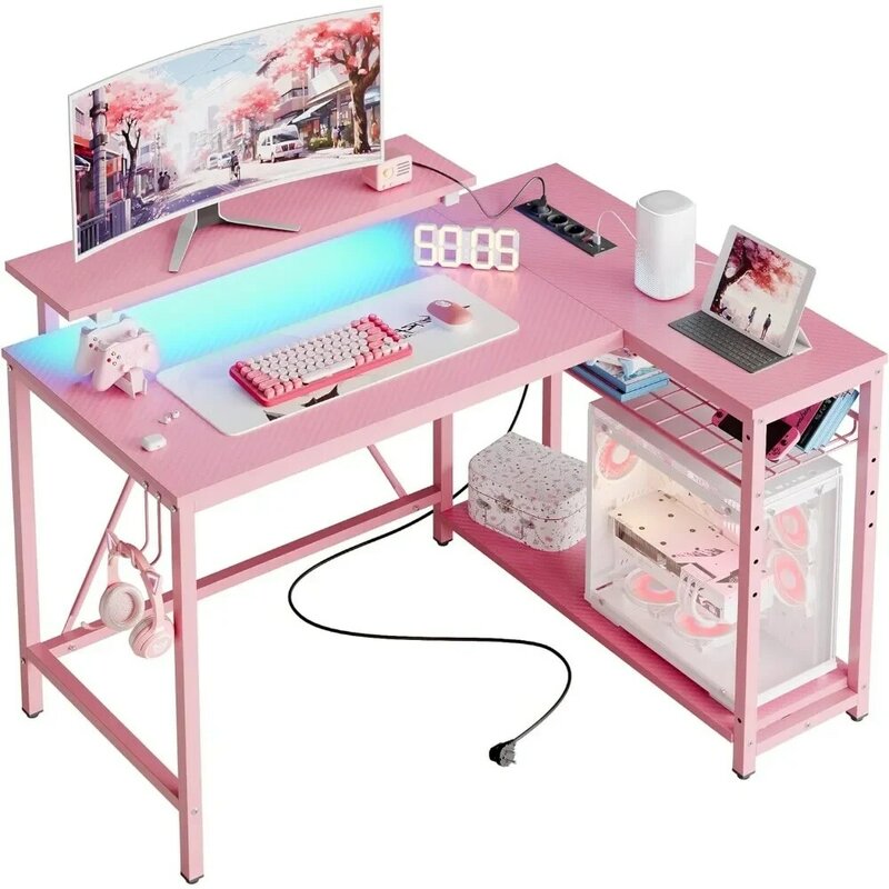 Mesa de juego con toma de corriente, esquina pequeña de 42 LED, con estante de almacenamiento plegable, mesa en forma de L, escritorio de oficina con gancho