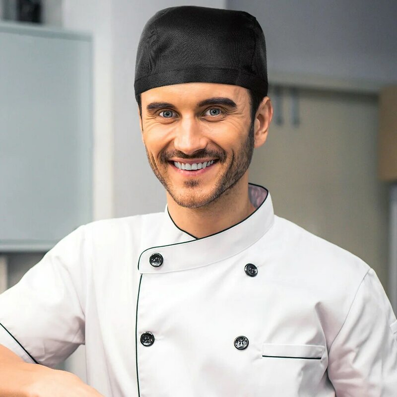 2Pcs Chef Hat Bandana with Ties Elastic Back Cap Scarf Wrap Kitchen Catering Cap Black