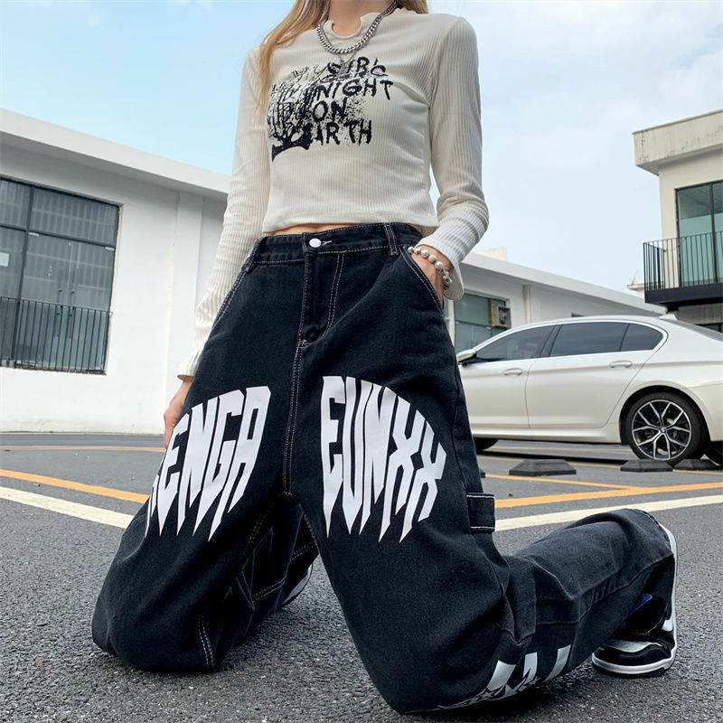 Casual denim calças harajuku lavado hip hop jean calças carta impressão reta solto calças de brim das mulheres retro high street oversize