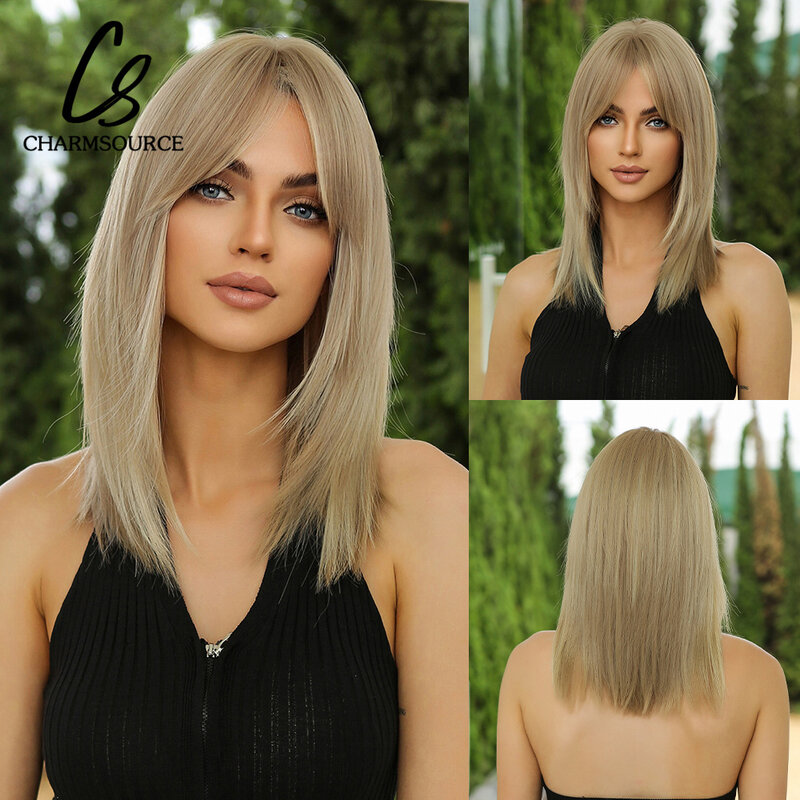CharmSource Short Straight Platinum Blonde Synthetic Wigs with Bang Bob Wig for WomenCosplay Party Daily Hair Heat Resistant