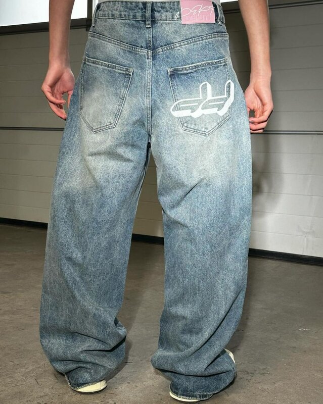 Celana Jeans cuci pinggang tinggi pria dan wanita, celana jins kaki lebar lurus ukuran besar mode Eropa Amerika bergaya jalanan tinggi Y2k Harajuku Retro