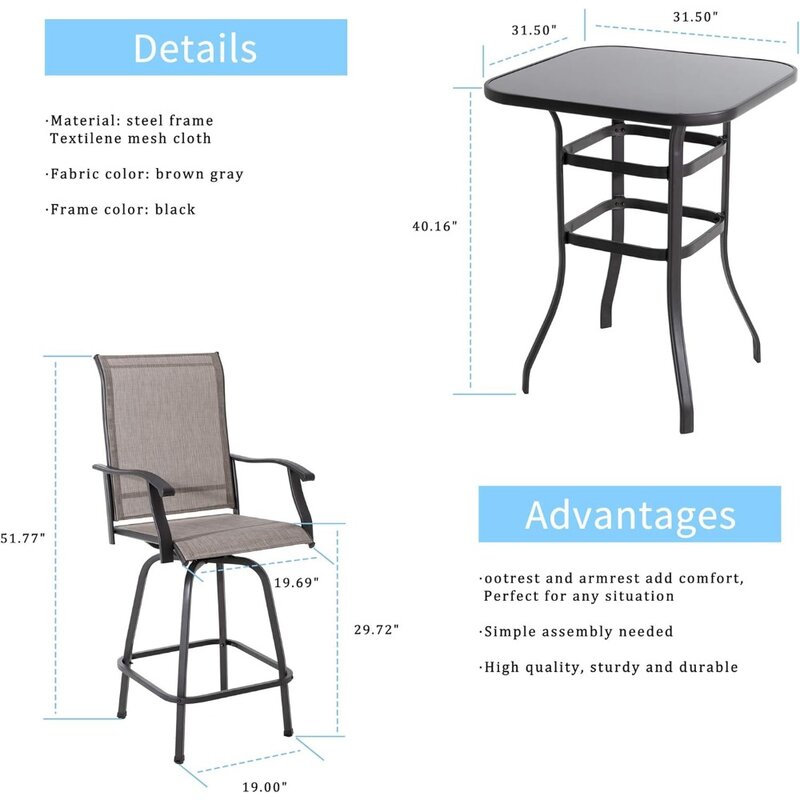 Patio Swivel Bar Set, All Weather Textile Fabric Outdoor High Stool Bistro Set with 2 Bar Chairs and Glass Table for Home,