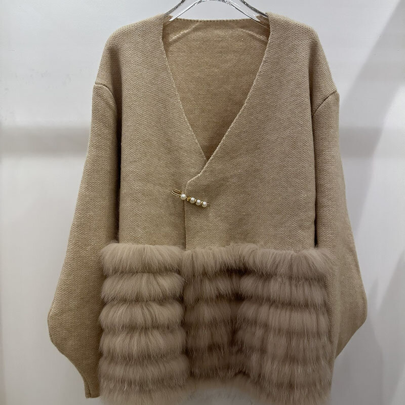 Women Plus Size Autumn Knitted Cardigan With Real Fox Fur Stripe Loose Casual Knitwear Winter Coat Long Sleeve Outwear